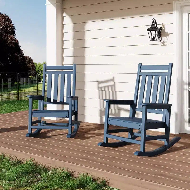 Set di 2 sedie a dondolo da esterno - Sedie a dondolo da veranda con schienale alto in HDPE per adulti - Mobili resistenti a tutte le condizioni atmosferiche per patio e veranda - Nero