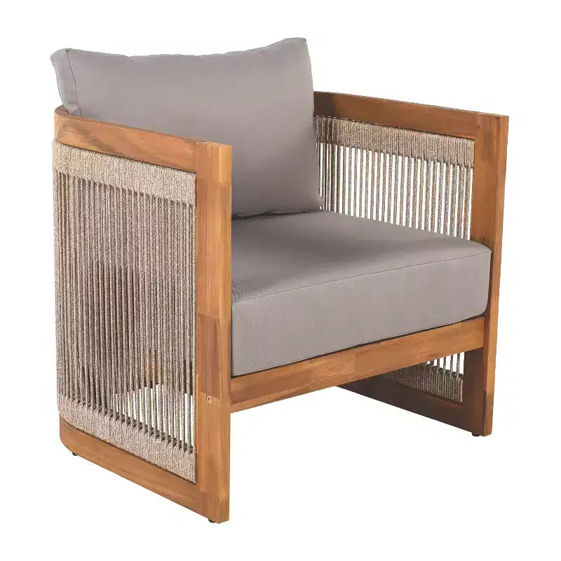 Poltrona da Esterno a Botte per Patio, Sedia Club da Esterno, Poltrona Curva con Cuscino Resistente all'Acqua e Telaio in Legno di Acacia Resistente alle Intemperie -ModernLuxe
