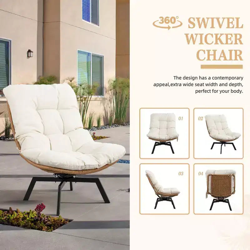 Celebalcony Outdoor Rattan Swivel Chair,with Thickened Cushion and Side Pocket,360 Rotation Patio Lounge Chairs for Living Room,Balcony