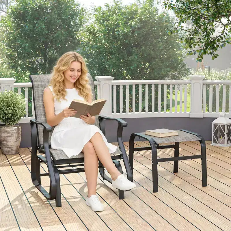 Outsunny Outdoor Glider Chair with Ottoman, 2-Piece Patio Glider Set with High Back, Wide Seat, Breathable Mesh for Porch, Garden, Backyard
