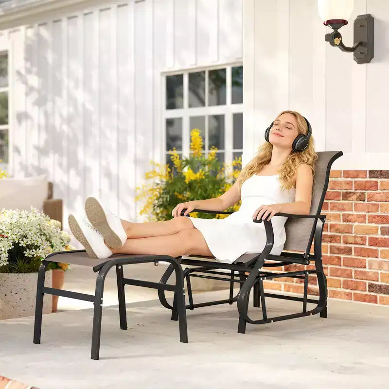 Outsunny Outdoor Glider Chair with Ottoman, 2-Piece Patio Glider Set with High Back, Wide Seat, Breathable Mesh for Porch, Garden, Backyard