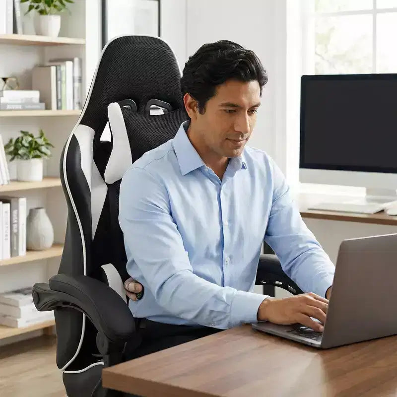 Sedia da gaming stile racing, sedia e-sports ergonomica con massaggio, pelle PU, schiuma stampata ad alta densità, comoda e sicura, bianca