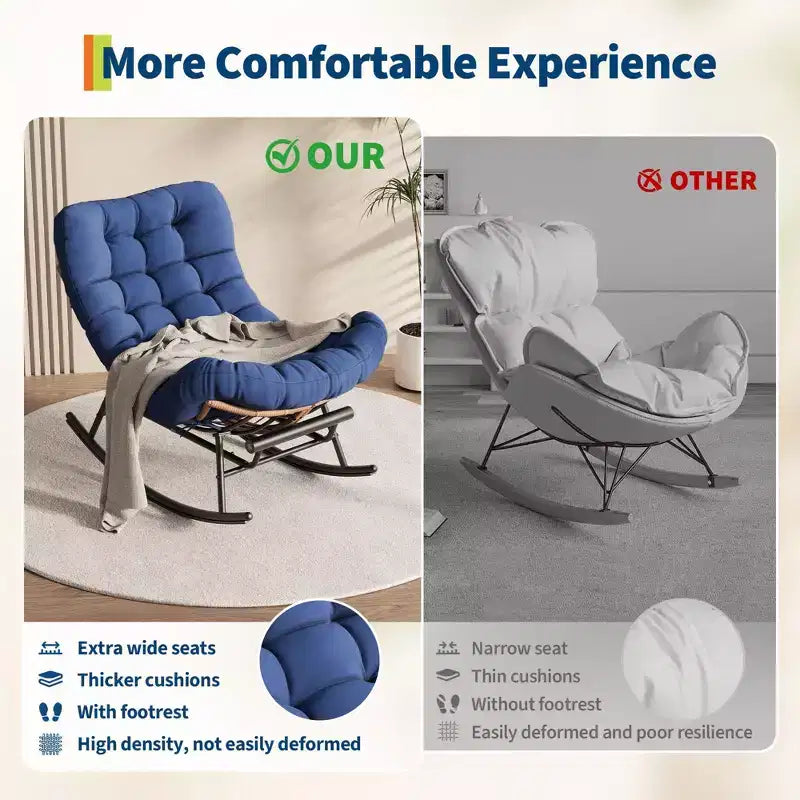 Dondolo da esterno con poggiapiedi, poltrone Papasan da patio oversize con cuscino, sedia a dondolo moderna per soggiorno, giardino, portico, balcone