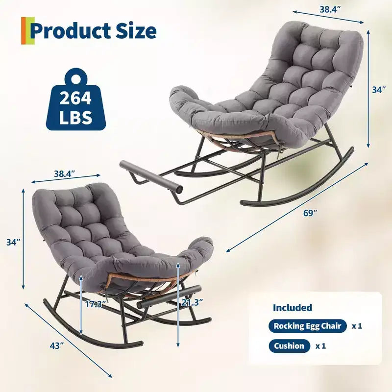 Dondolo da esterno con poggiapiedi, poltrone Papasan da patio oversize con cuscino, sedia a dondolo moderna per soggiorno, giardino, portico, balcone