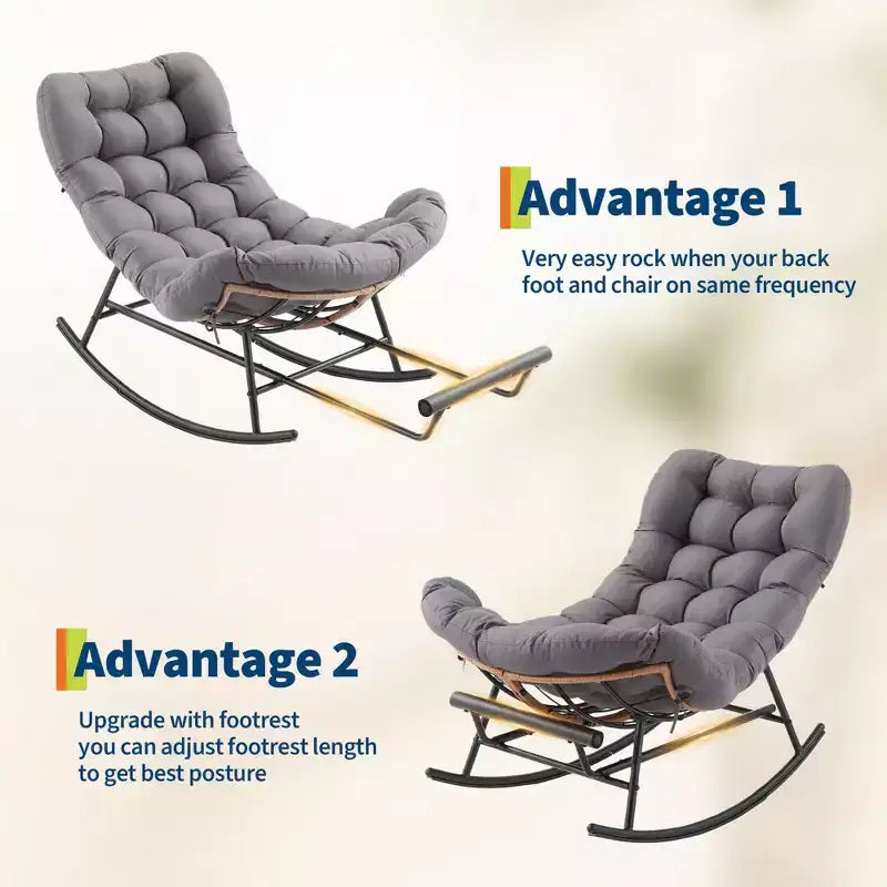 Dondolo da esterno con poggiapiedi, poltrone Papasan da patio oversize con cuscino, sedia a dondolo moderna per soggiorno, giardino, portico, balcone