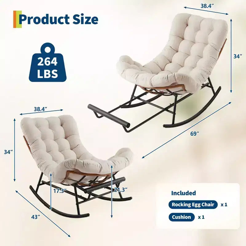 Dondolo da esterno con poggiapiedi, poltrone Papasan da patio oversize con cuscino, sedia a dondolo moderna per soggiorno, giardino, portico, balcone