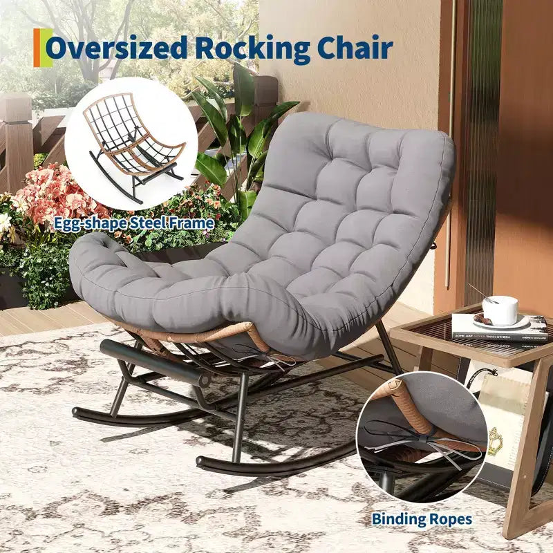 Dondolo da esterno con poggiapiedi, poltrone Papasan da patio oversize con cuscino, sedia a dondolo moderna per soggiorno, giardino, portico, balcone