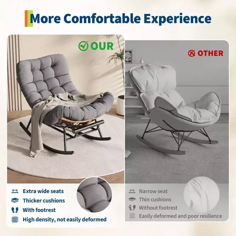 Dondolo da esterno con poggiapiedi, poltrone Papasan da patio oversize con cuscino, sedia a dondolo moderna per soggiorno, giardino, portico, balcone