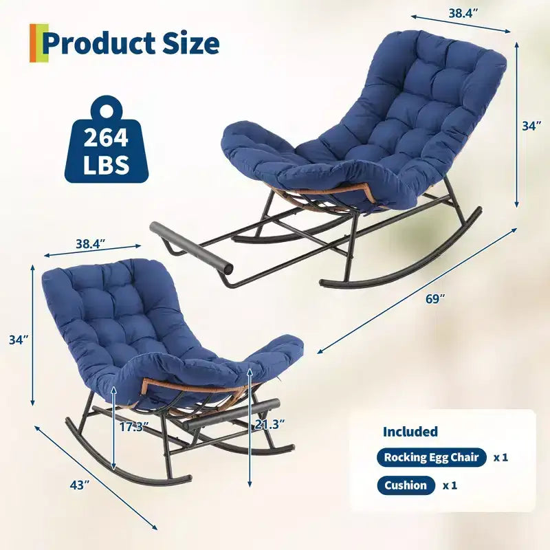 Dondolo da esterno con poggiapiedi, poltrone Papasan da patio oversize con cuscino, sedia a dondolo moderna per soggiorno, giardino, portico, balcone