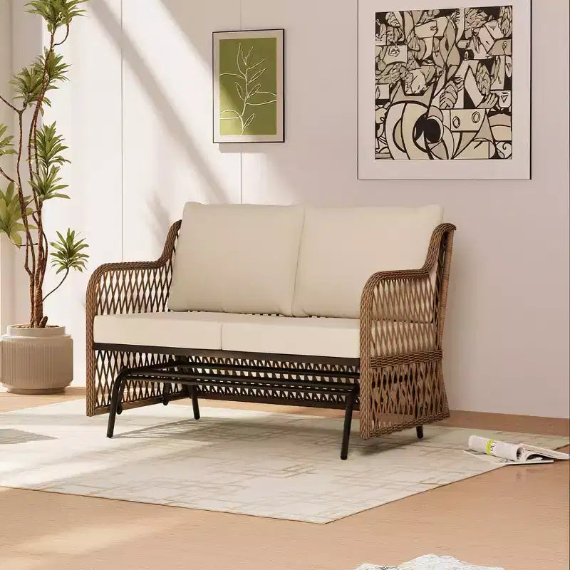LAUSAINT HOME 2 Person Outdoor Ratten Patio Swing Glider Rattan Rocking Chair with Cushion