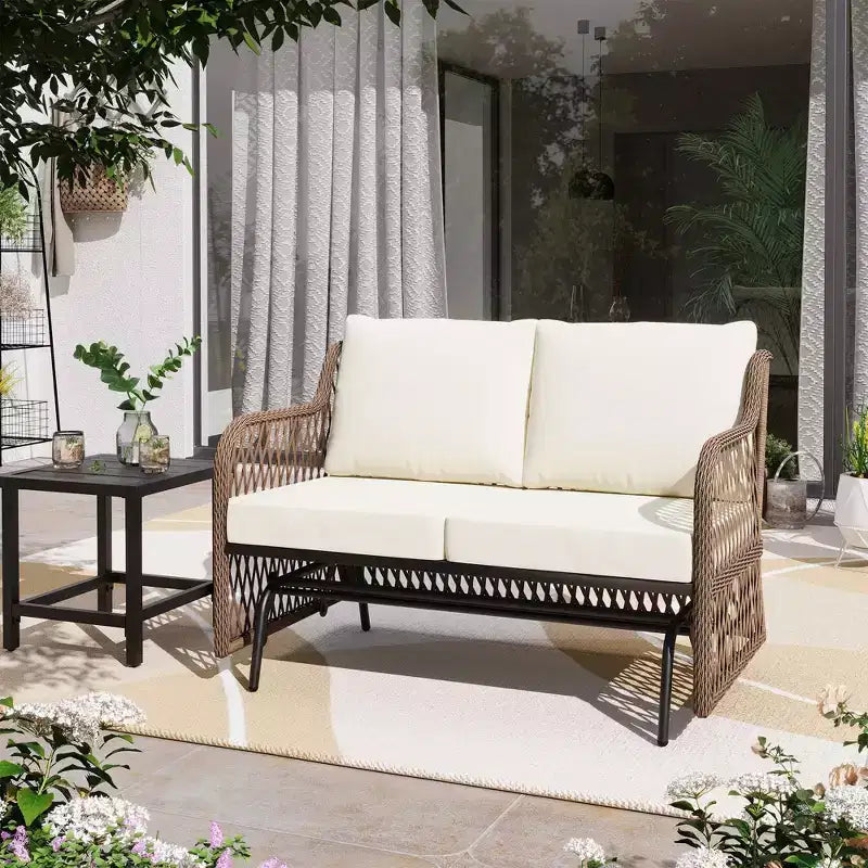 LAUSAINT HOME 2 Person Outdoor Ratten Patio Swing Glider Rattan Rocking Chair with Cushion