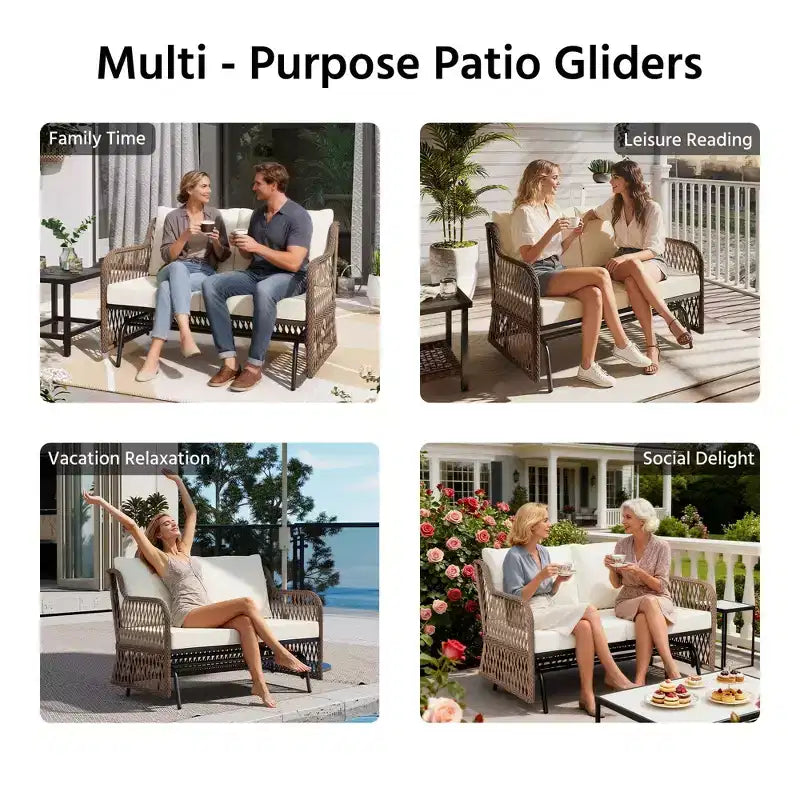 LAUSAINT HOME 2 Person Outdoor Ratten Patio Swing Glider Rattan Rocking Chair with Cushion
