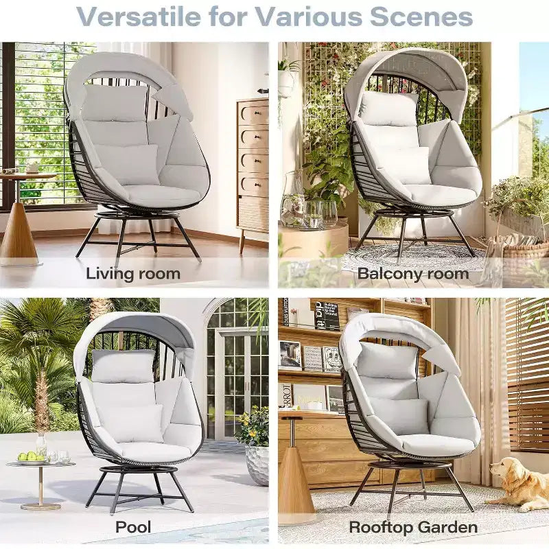 LAUSAINT HOME Oversized 360 Swivel Egg Chair with Cushion & Sunshade Brim Indoor & Outdoor Egg Chair