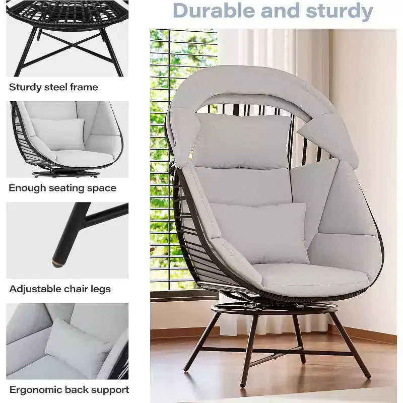 LAUSAINT HOME Oversized 360 Swivel Egg Chair with Cushion & Sunshade Brim Indoor & Outdoor Egg Chair
