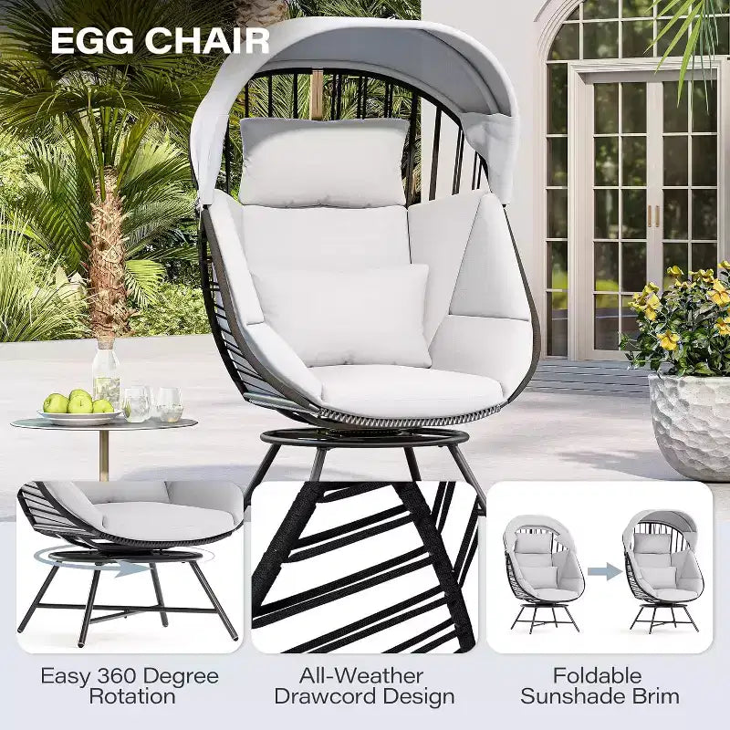LAUSAINT HOME Oversized 360 Swivel Egg Chair with Cushion & Sunshade Brim Indoor & Outdoor Egg Chair