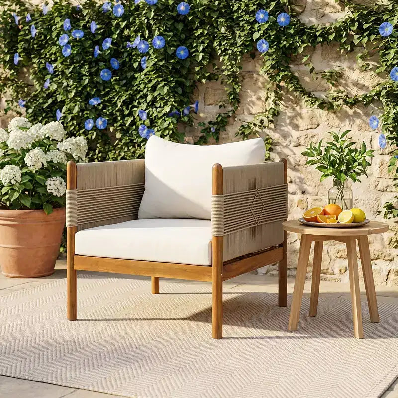 Christopher Knight Home Seungho Modern Outdoor Acacia Wood Club Chair with Diamond Rope Weave and Cushions