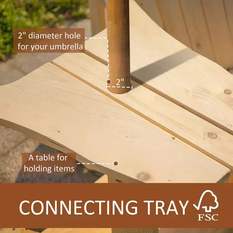 Fire Pit Seating, 2 Wooden Adirondack Chairs with Outdoor Table & Umbrella Hole, Wood 2 Person Adirondack Bench, Natural