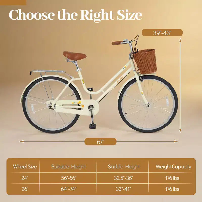 Bicicletta da spiaggia Gymax 26 pollici con sedile regolabile, cestino in vimini e portapacchi posteriore