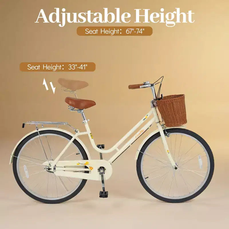 Bicicletta da spiaggia Gymax 26 pollici con sedile regolabile, cestino in vimini e portapacchi posteriore