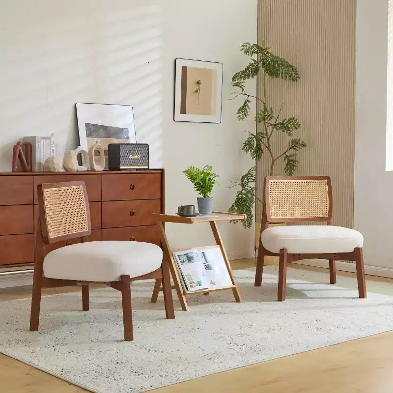MAYEERTY Set of 2 Modern Beige Lounge Chair, Woven Backrest Wooden Frame Accent Chair for Living Room Bedroom Office