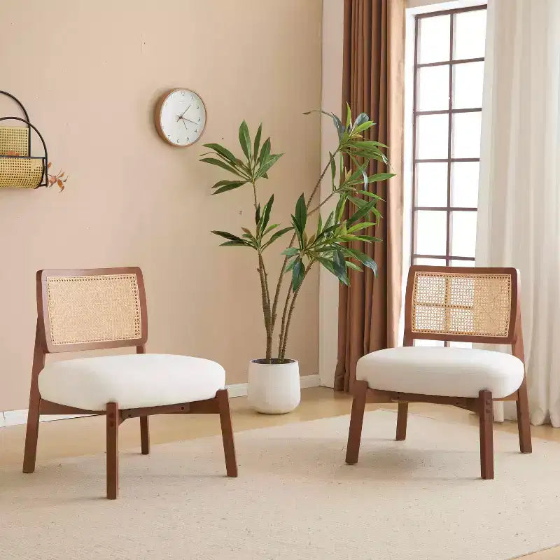 MAYEERTY Set di 2 poltrone moderne beige, sedia d'accento con schienale intrecciato e struttura in legno per soggiorno, camera da letto, ufficio