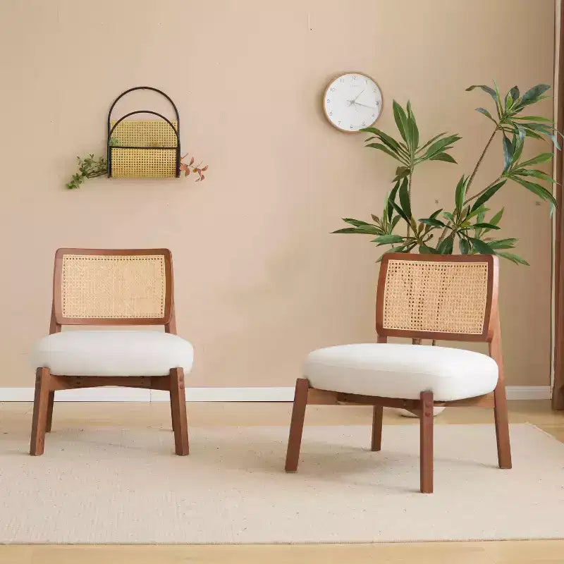 MAYEERTY Set di 2 poltrone moderne beige, sedia d'accento con schienale intrecciato e struttura in legno per soggiorno, camera da letto, ufficio