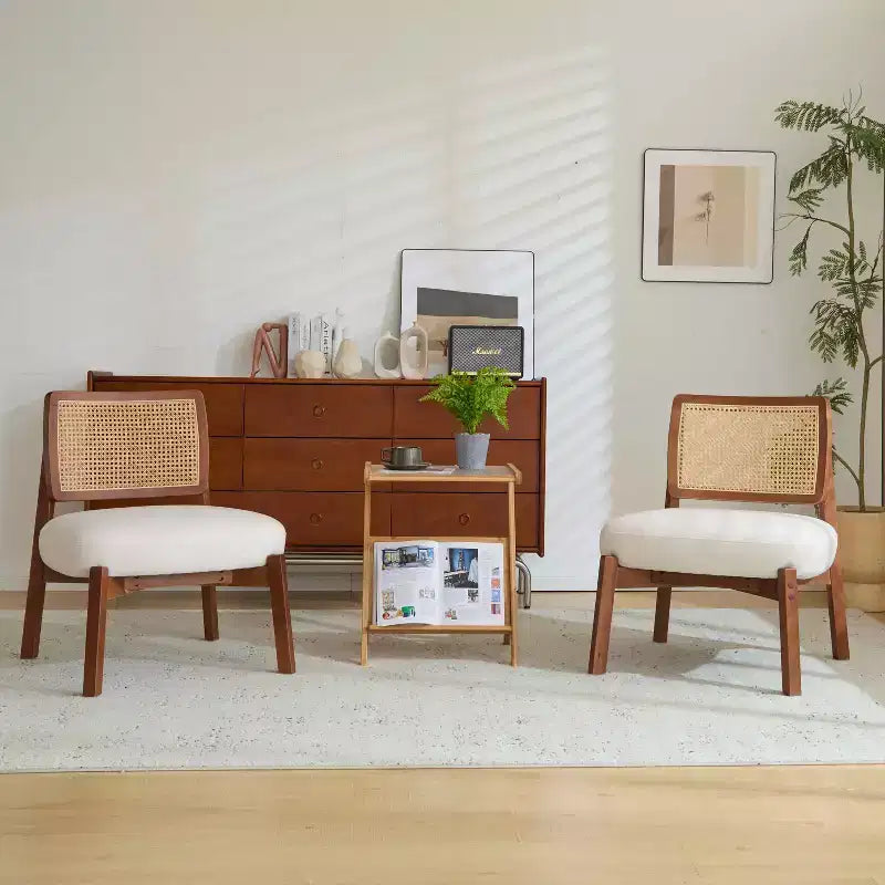 MAYEERTY Set di 2 poltrone moderne beige, sedia d'accento con schienale intrecciato e struttura in legno per soggiorno, camera da letto, ufficio