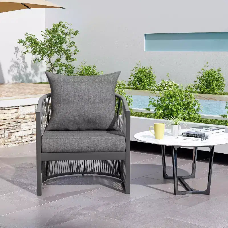 MAYEERTY Modern Gray Curved Aluminum Lounge Chair, Rope-Weave Cushioned Chair for Outdoor Living