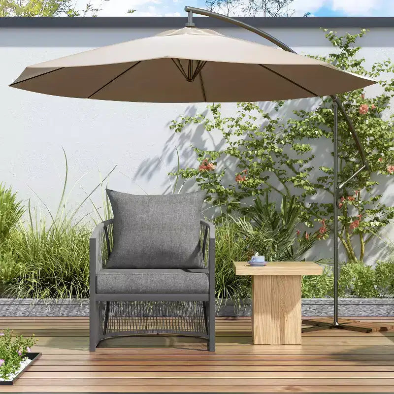 MAYEERTY Modern Gray Curved Aluminum Lounge Chair, Rope-Weave Cushioned Chair for Outdoor Living