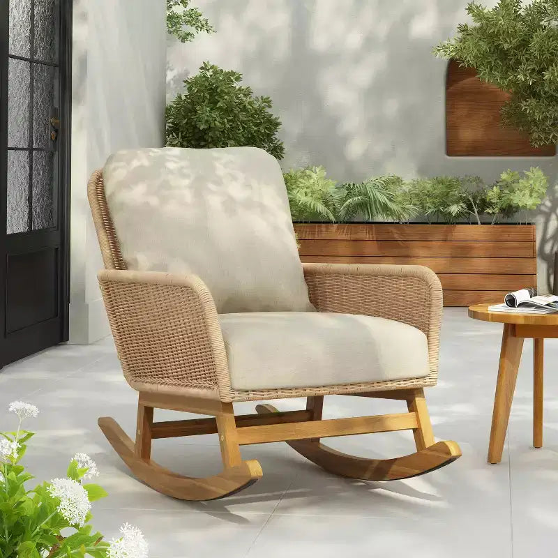 MAYEERTY Contemporary Beige Wicker Rocking Chair, Polyester Cushion Wooden Frame Chair for Patio Balcony Living Room