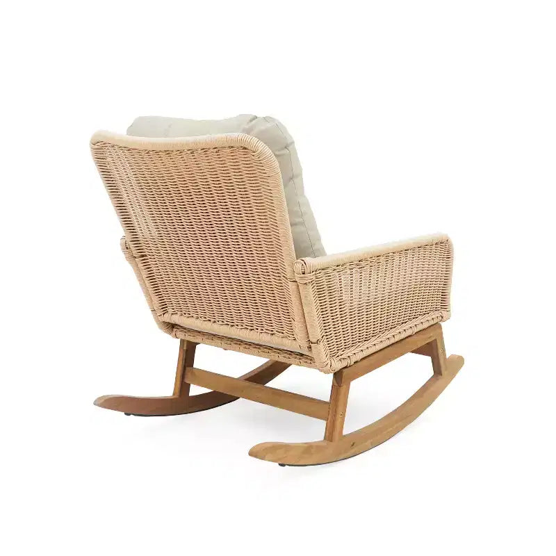 MAYEERTY Contemporary Beige Wicker Rocking Chair, Polyester Cushion Wooden Frame Chair for Patio Balcony Living Room
