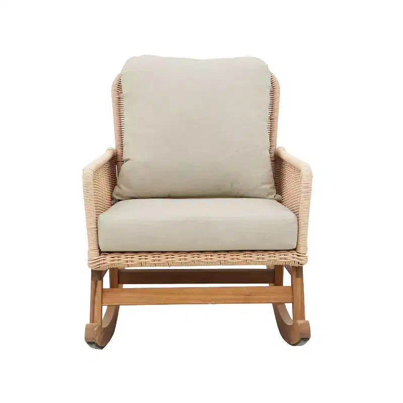 MAYEERTY Contemporary Beige Wicker Rocking Chair, Polyester Cushion Wooden Frame Chair for Patio Balcony Living Room