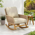 MAYEERTY Contemporary Beige Wicker Rocking Chair, Polyester Cushion Wooden Frame Chair for Patio Balcony Living Room