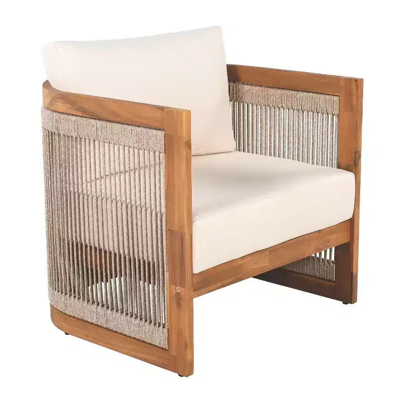 MAYEERTY Premium Acacia Wood Outdoor Club Chair, Curved Tub Rope Accent Water-Resistant Cushion All-Weather Chair