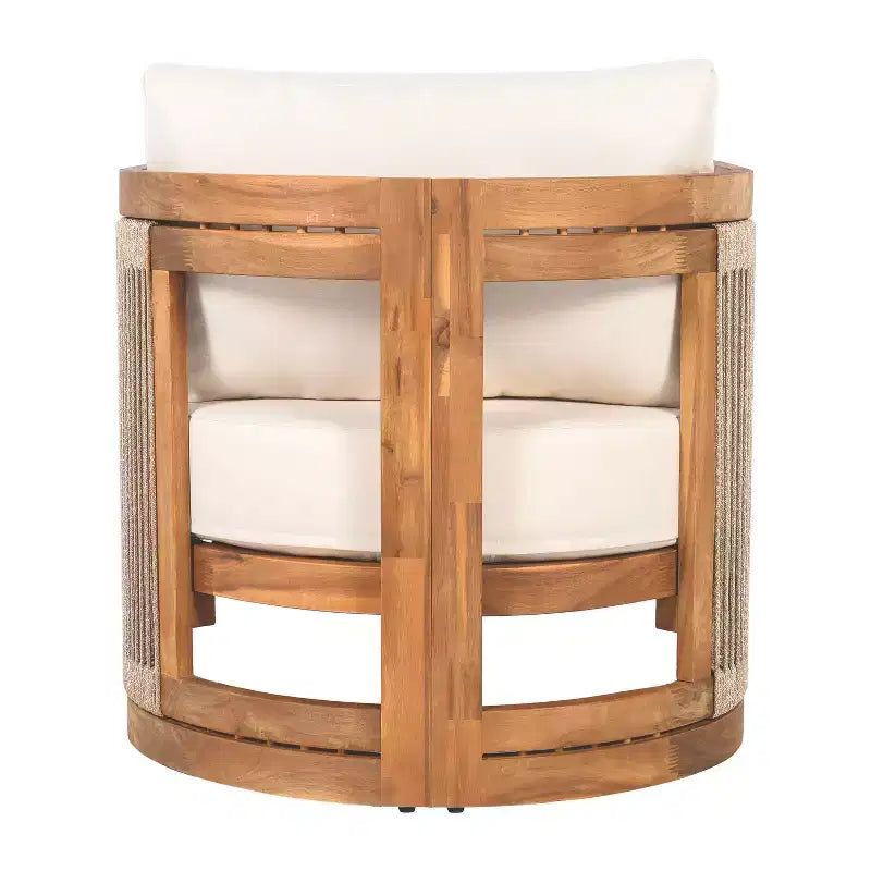 MAYEERTY Premium Acacia Wood Outdoor Club Chair, Curved Tub Rope Accent Water-Resistant Cushion All-Weather Chair