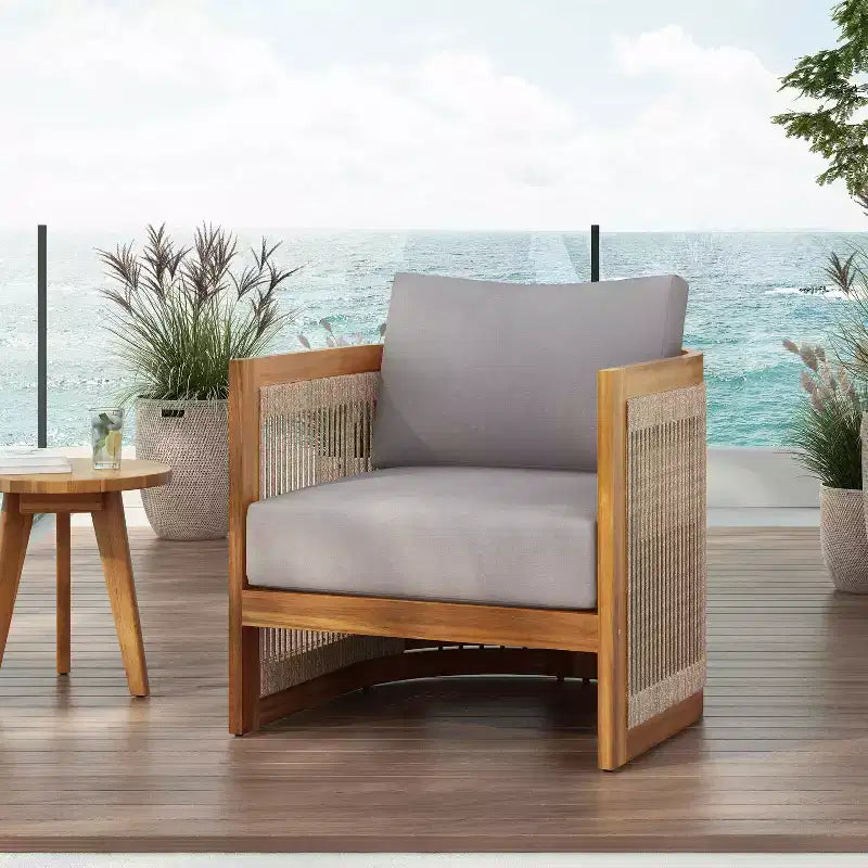 MAYEERTY Premium Acacia Wood Outdoor Club Chair, Curved Tub Rope Accent Water-Resistant Cushion All-Weather Chair