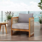 MAYEERTY Premium Acacia Wood Outdoor Club Chair, Curved Tub Rope Accent Water-Resistant Cushion All-Weather Chair