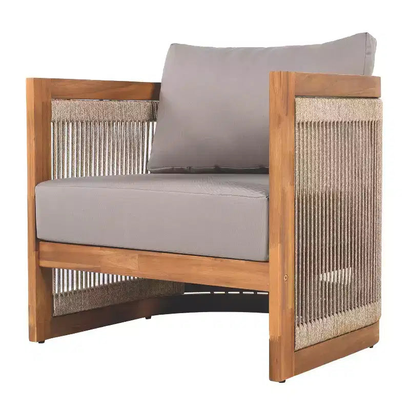 MAYEERTY Premium Acacia Wood Outdoor Club Chair, Curved Tub Rope Accent Water-Resistant Cushion All-Weather Chair