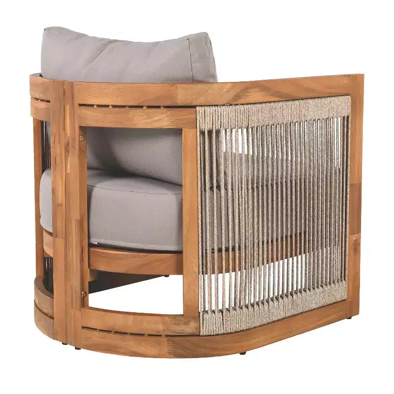 MAYEERTY Premium Acacia Wood Outdoor Club Chair, Curved Tub Rope Accent Water-Resistant Cushion All-Weather Chair