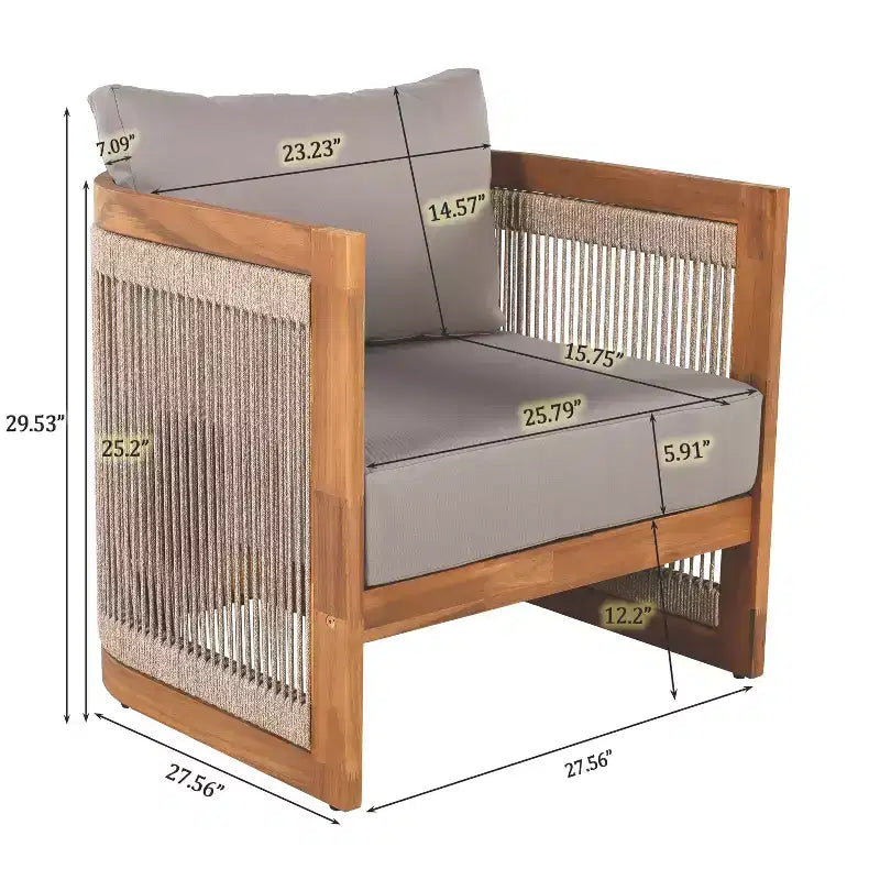 MAYEERTY Premium Acacia Wood Outdoor Club Chair, Curved Tub Rope Accent Water-Resistant Cushion All-Weather Chair