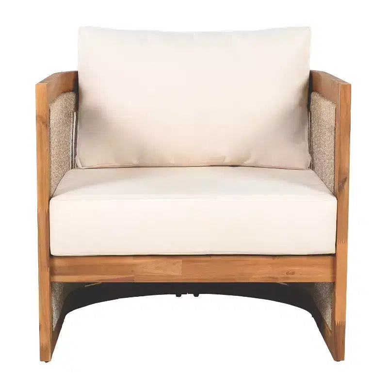 MAYEERTY Premium Acacia Wood Outdoor Club Chair, Curved Tub Rope Accent Water-Resistant Cushion All-Weather Chair