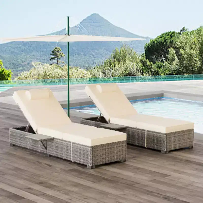 COZONY - Set da 2 sedie a sdraio per patio, in vimini PE, reclinabili e regolabili, con cuscini per piscina, giardino e esterni
