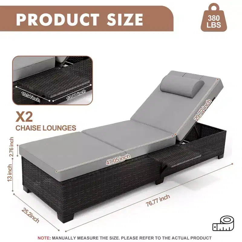 COZONY - Set da 2 sedie a sdraio per patio, in vimini PE, reclinabili e regolabili, con cuscini per piscina, giardino e esterni