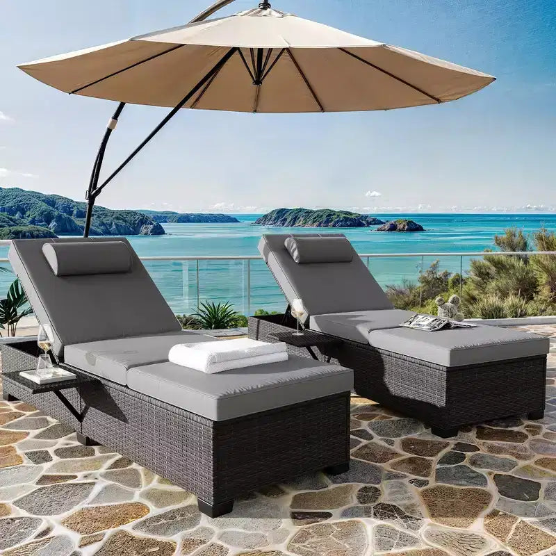 COZONY - Set da 2 sedie a sdraio per patio, in vimini PE, reclinabili e regolabili, con cuscini per piscina, giardino e esterni