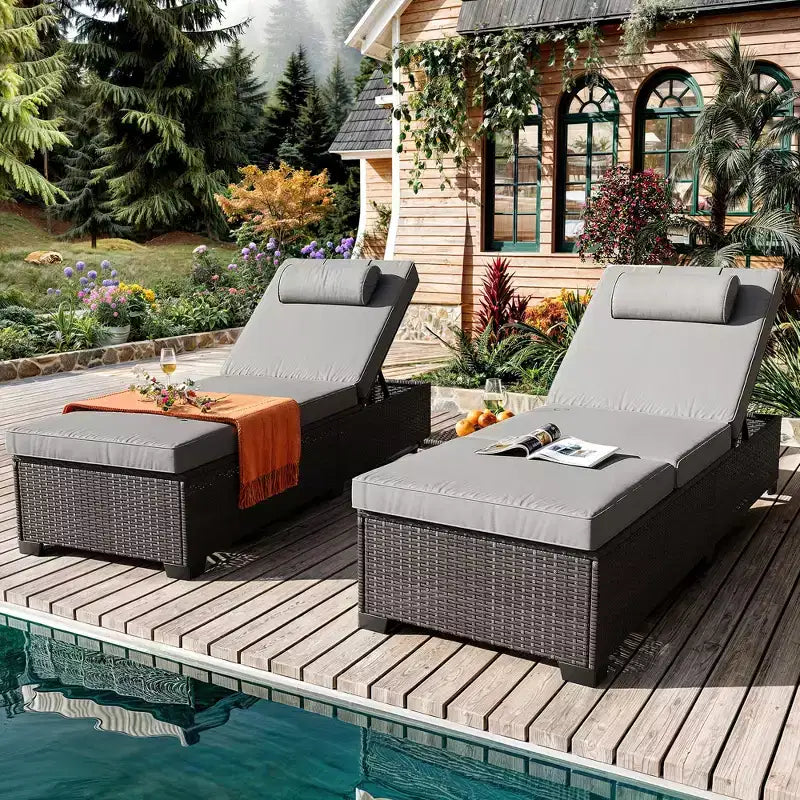 COZONY 2-Pack Patio Chaise Lounge Chairs, PE Wicker Adjustable Recliners with Cushions for Poolside Backyard Outdoor