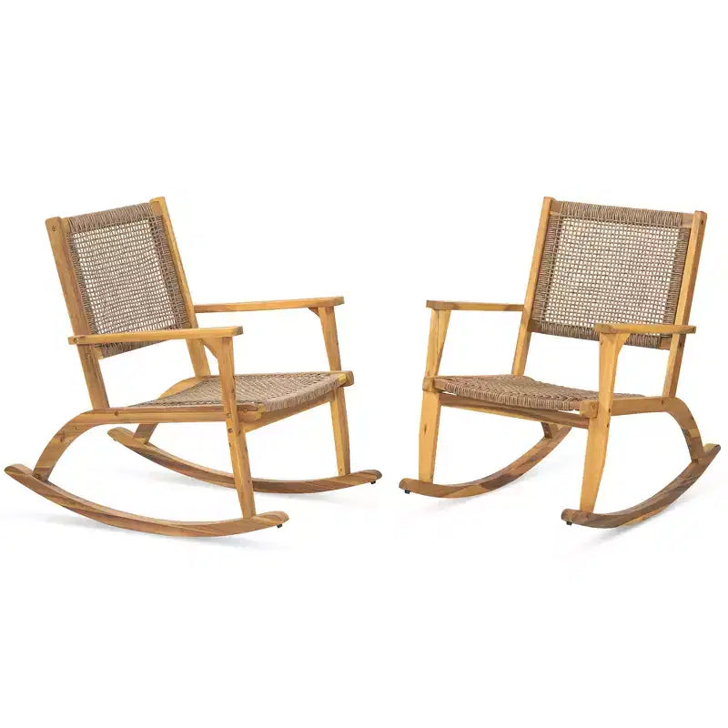 GDFStudio Antonio Poltrona a dondolo moderna da esterno in legno di acacia con schienale e seduta in vimini (set da 2)