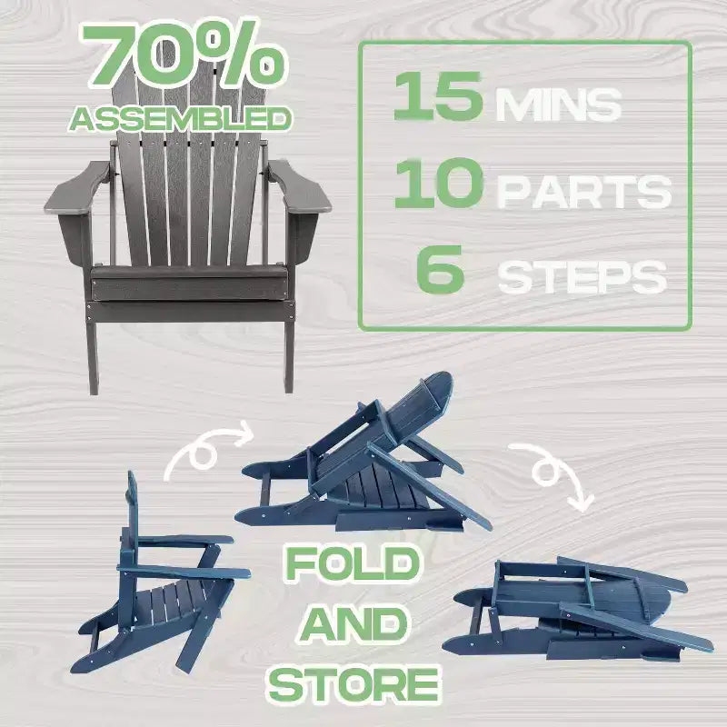 Folding Adirondack Chair  Deep Seat & Wide Armrests, Waterproof UV-Resistant Plastic Outdoor Chair for Patio, Lawn or Fire Pit