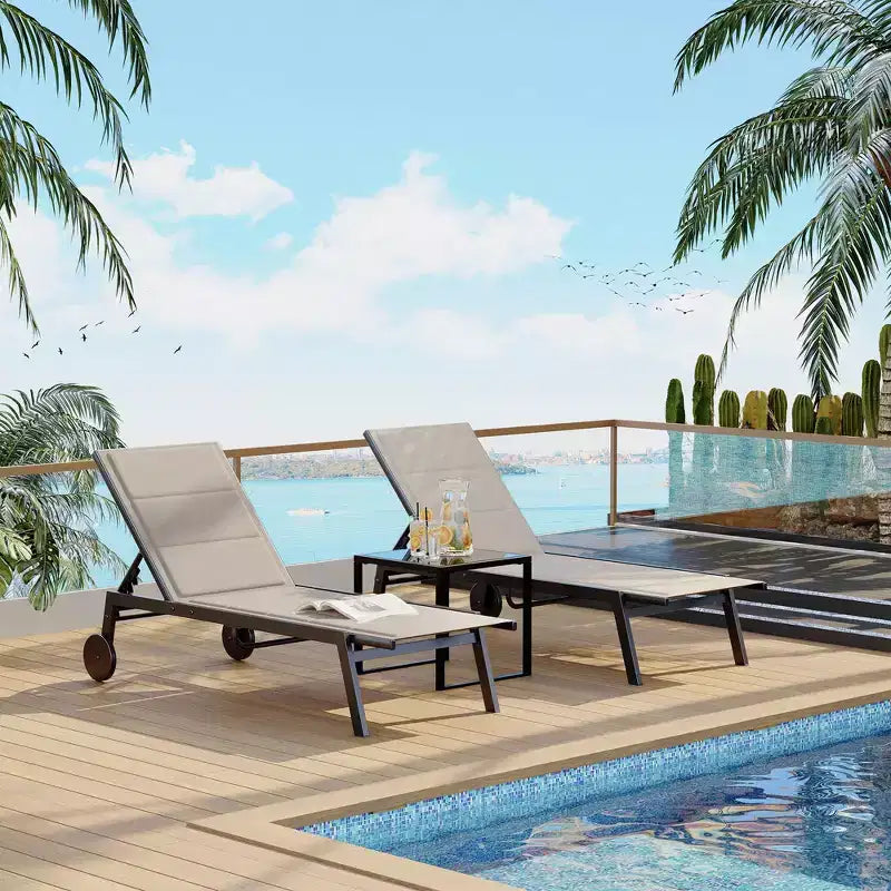GustoWave Set di 3 Lettini da Esterno, Schienale Regolabile in 5 Posizioni, con Ruote e Tavolino per Patio, Piscina e Spiaggia