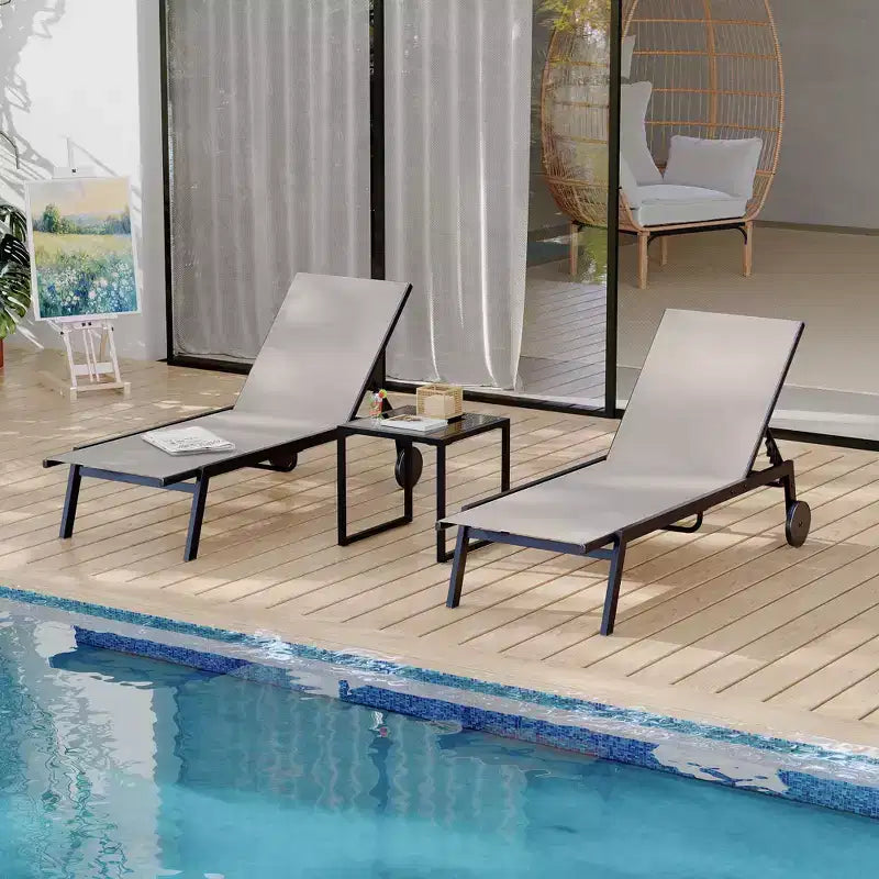 GustoWave 3-Piece Outdoor Chaise Lounge Set with Wheels & Side Table - Adjustable Backrest Lounge Chairs for Patio, Poolside, Deck