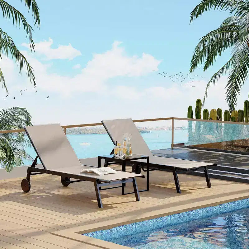 GustoWave 3-Piece Outdoor Chaise Lounge Set with Wheels & Side Table - Adjustable Backrest Lounge Chairs for Patio, Poolside, Deck